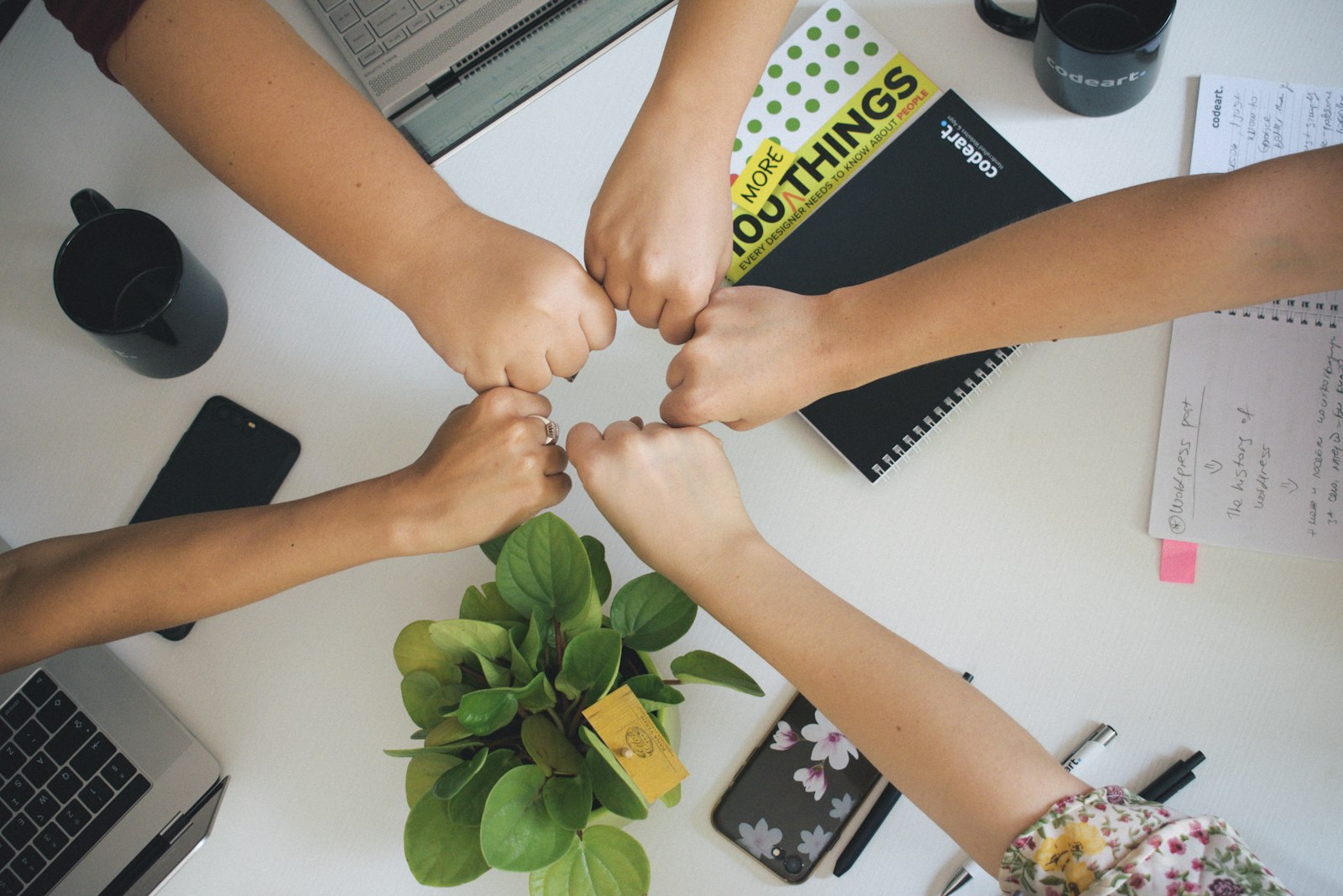 Colleagues joining fists in a team huddle viewed from above